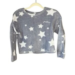 Justice Girls Grey White Star‎ Fleece Pajama Top Sleep Shirt Size S 7/8